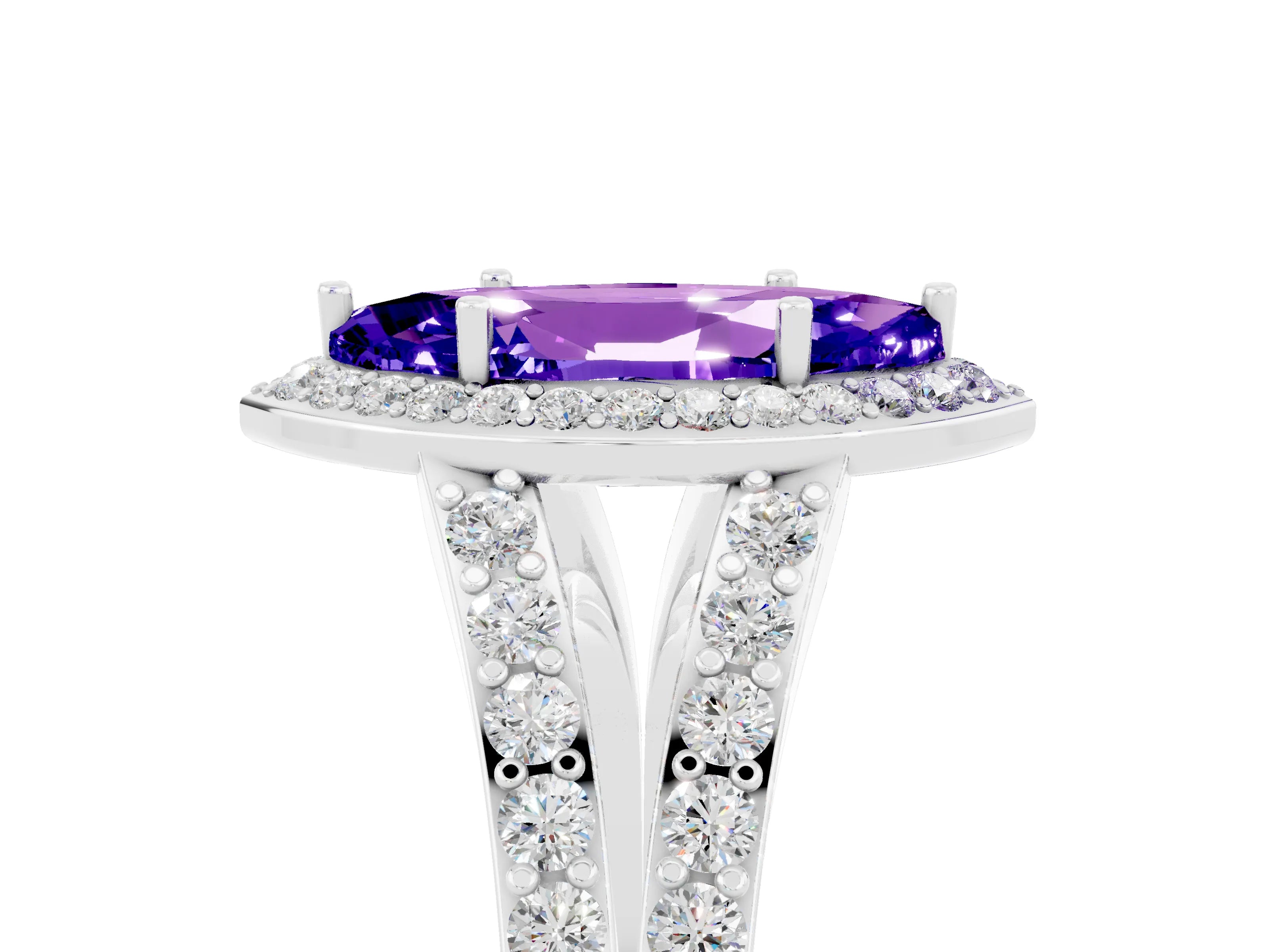 White gold Marquise Cut Tanzanite Split Shank Halo Ring with Four-Prong Setting_17