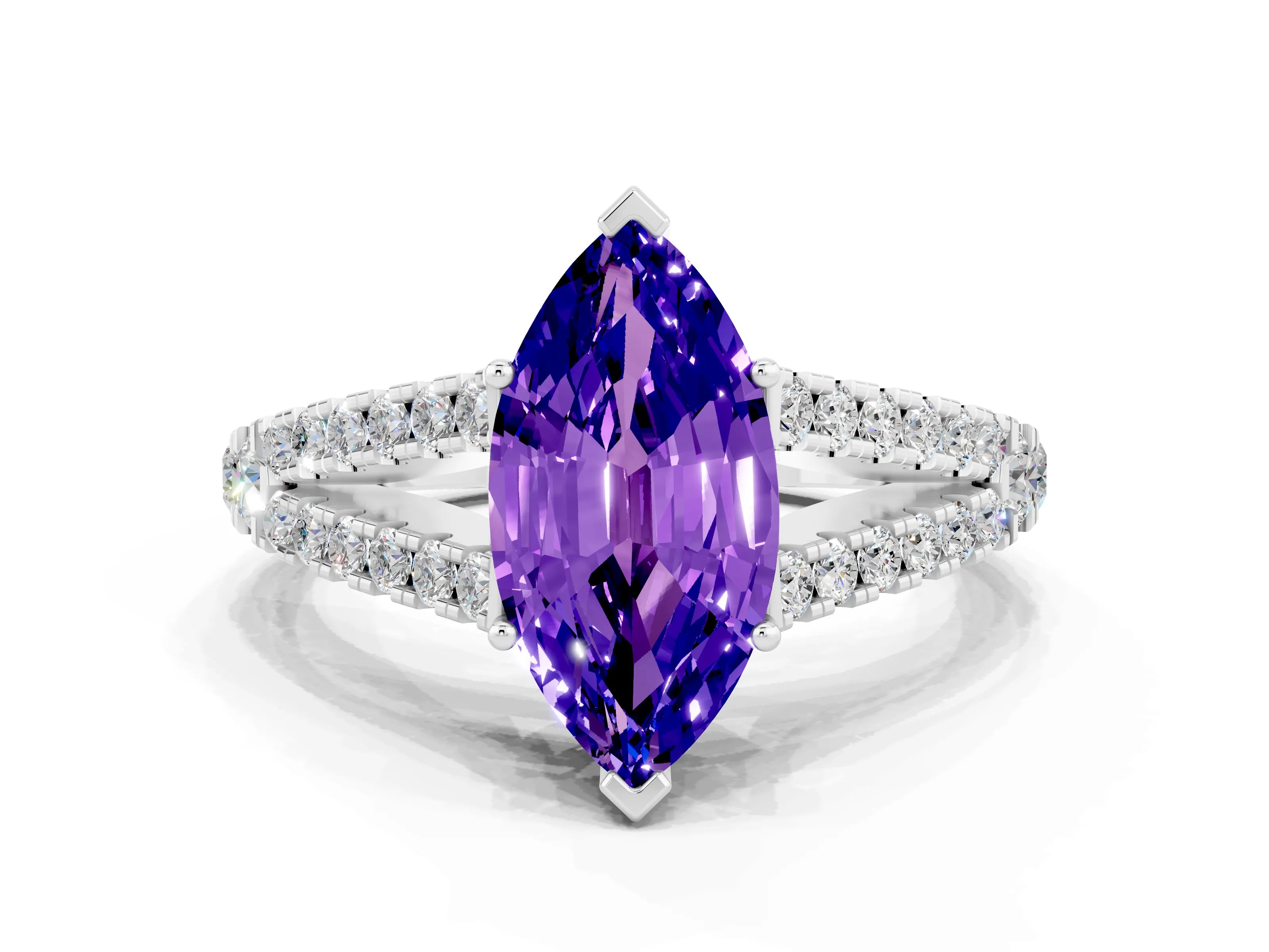 White gold Marquise Cut Tanzanite Split Shank Pavé Engagement Ring with Four-Prong Setting_12