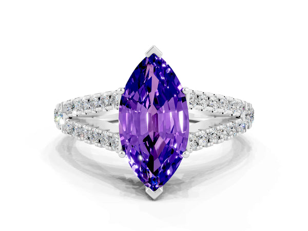 Platinum Marquise Cut Tanzanite Split Shank Pavé Engagement Ring with Four-Prong Setting