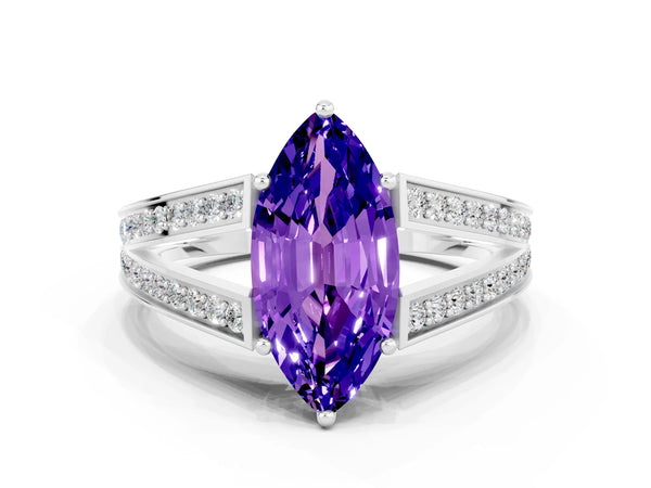 Platinum Marquise Cut Tanzanite Split Shank Ring with Pavé Band and Four-Prong Setting