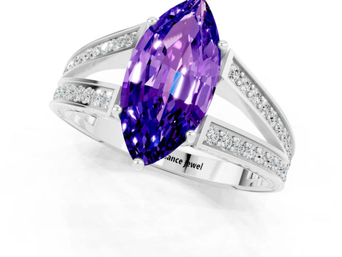 White gold Marquise Cut Tanzanite Split Shank Ring with Pavé Band and Four-Prong Setting_1