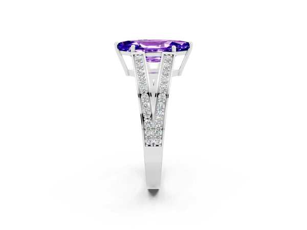 Platinum Marquise Cut Tanzanite Split Shank Ring with Pavé Band and Four-Prong Setting