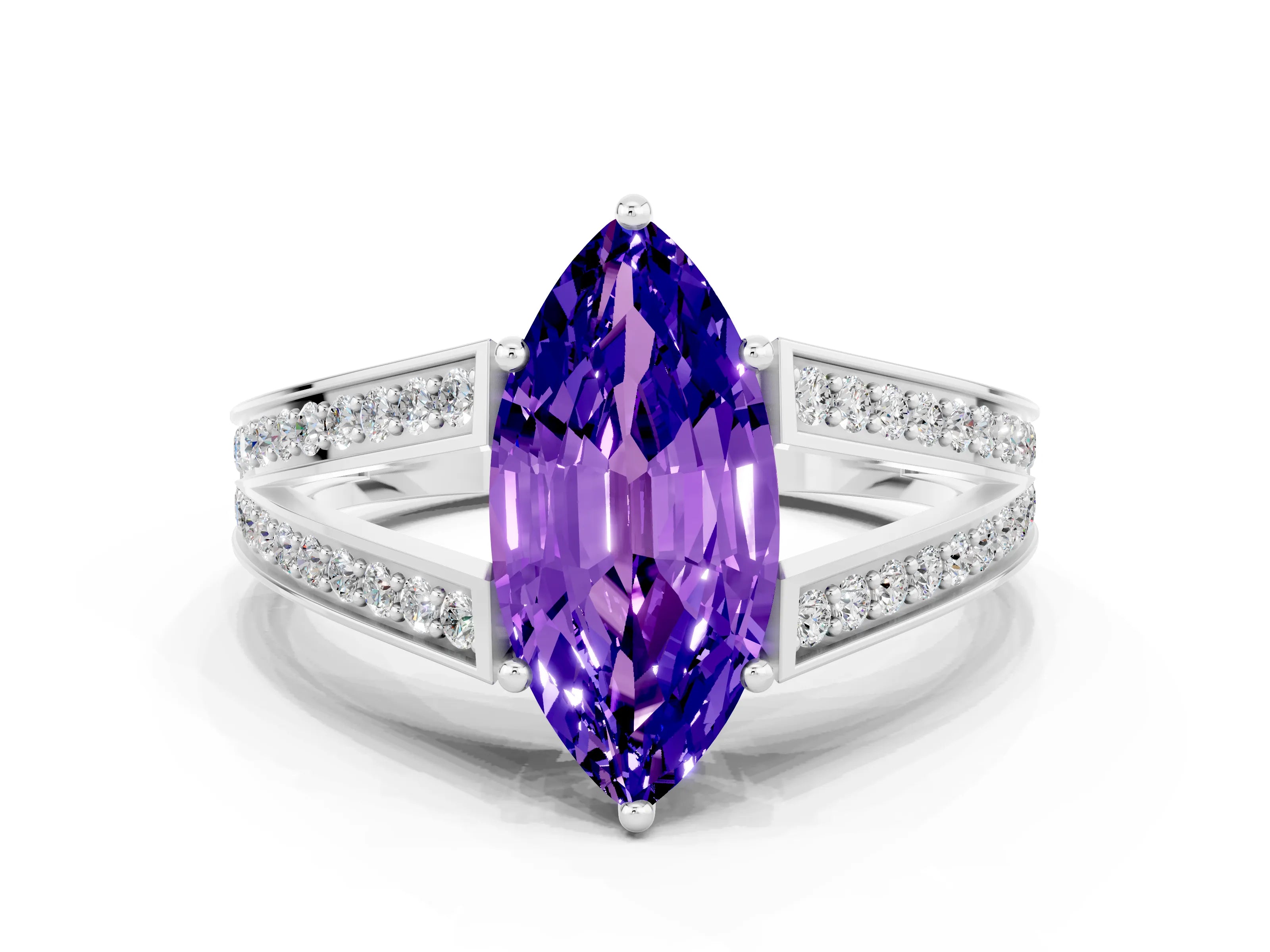 White gold Marquise Cut Tanzanite Split Shank Ring with Pavé Band and Four-Prong Setting