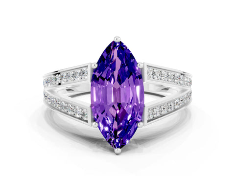 White gold Marquise Cut Tanzanite Split Shank Ring with Pavé Band and Four-Prong Setting