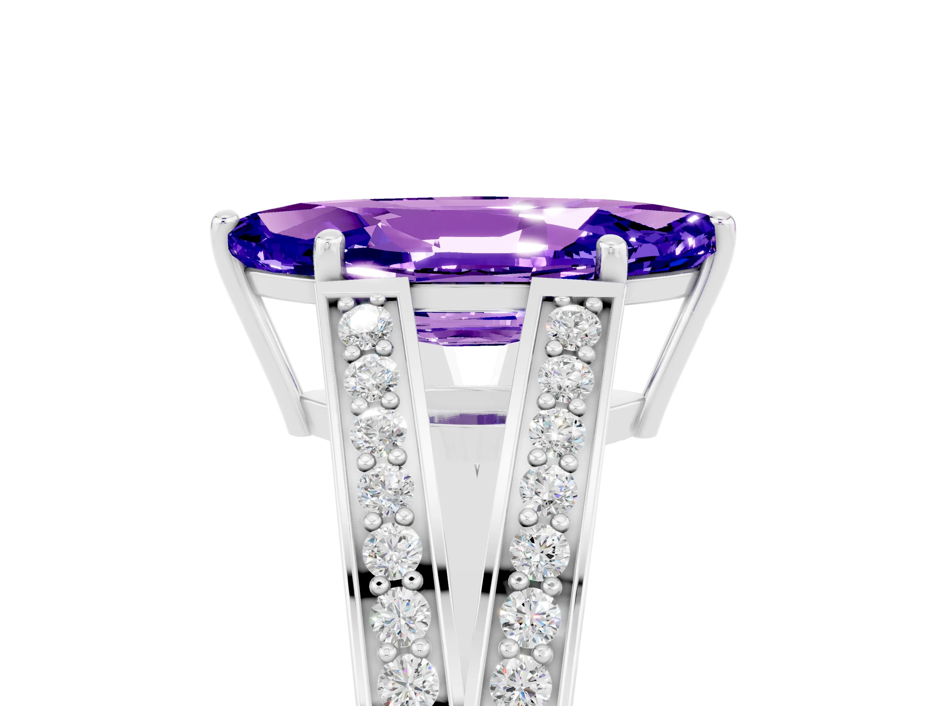 White gold Marquise Cut Tanzanite Split Shank Ring with Pavé Band and Four-Prong Setting_5