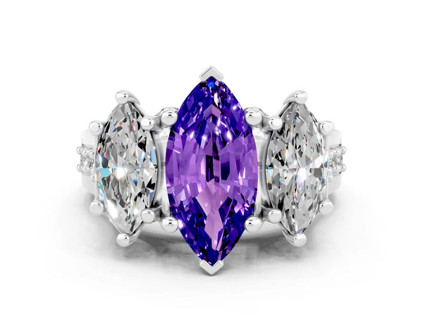 White gold Marquise Cut Tanzanite Three-Stone Ring with Channel Set Band and Four-Prong Setting