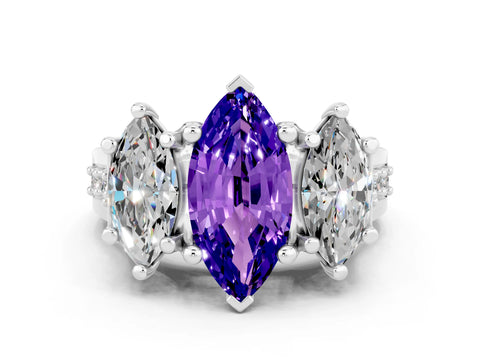 White gold Marquise Cut Tanzanite Three-Stone Ring with Channel Set Band and Four-Prong Setting