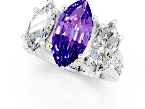 White gold Marquise Cut Tanzanite Three-Stone Ring with Channel Set Band and Four-Prong Setting_1