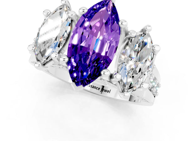 Silver Marquise Cut Tanzanite Three-Stone Ring with Channel Set Band and Four-Prong Setting