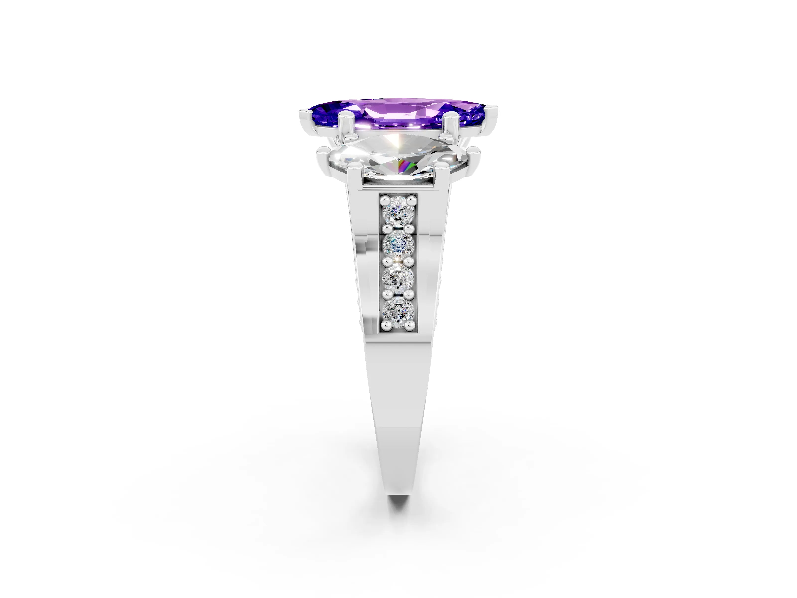 White gold Marquise Cut Tanzanite Three-Stone Ring with Channel Set Band and Four-Prong Setting_2