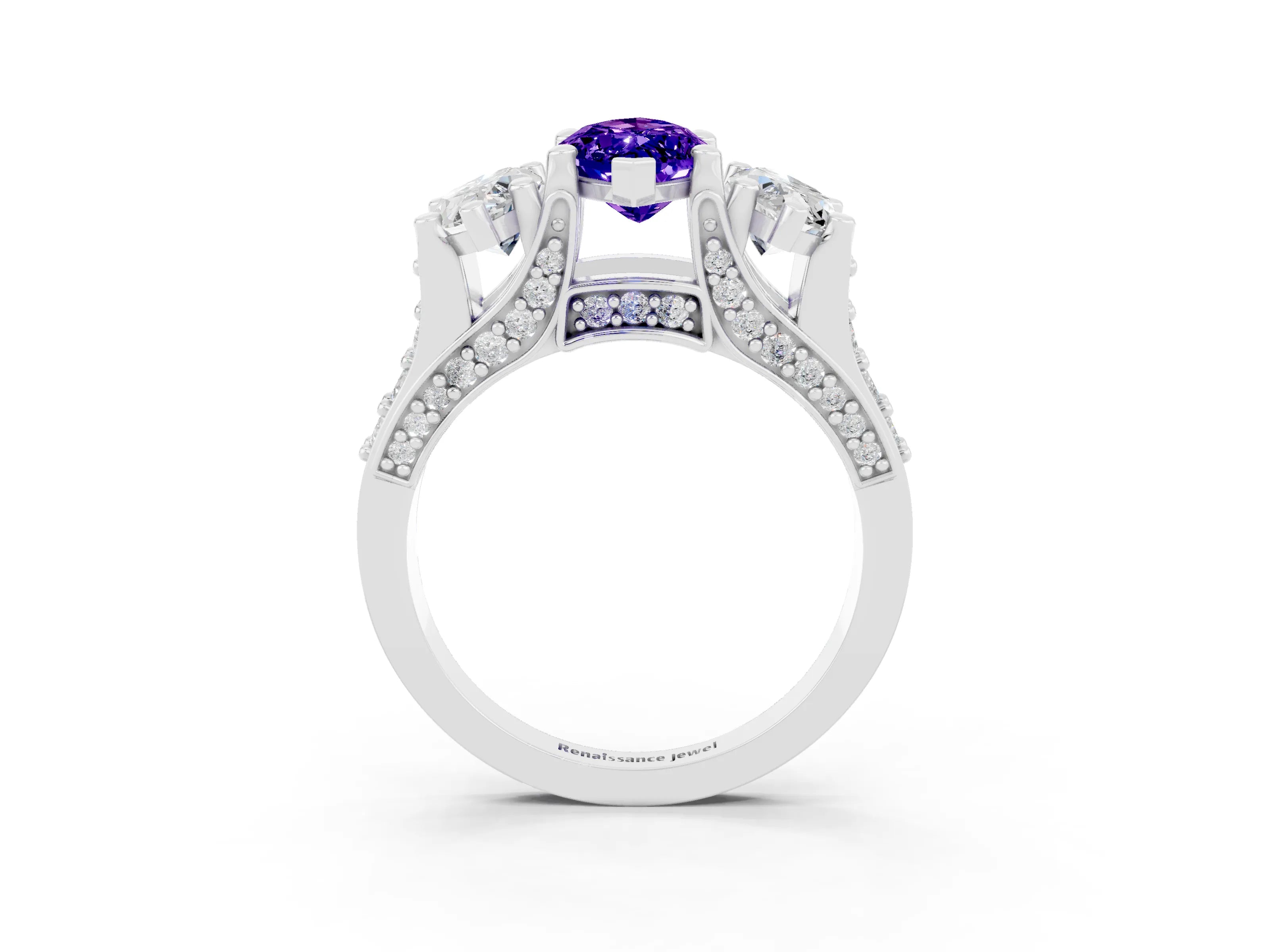 White gold Marquise Cut Tanzanite Three-Stone Ring with Channel Set Band and Four-Prong Setting_3
