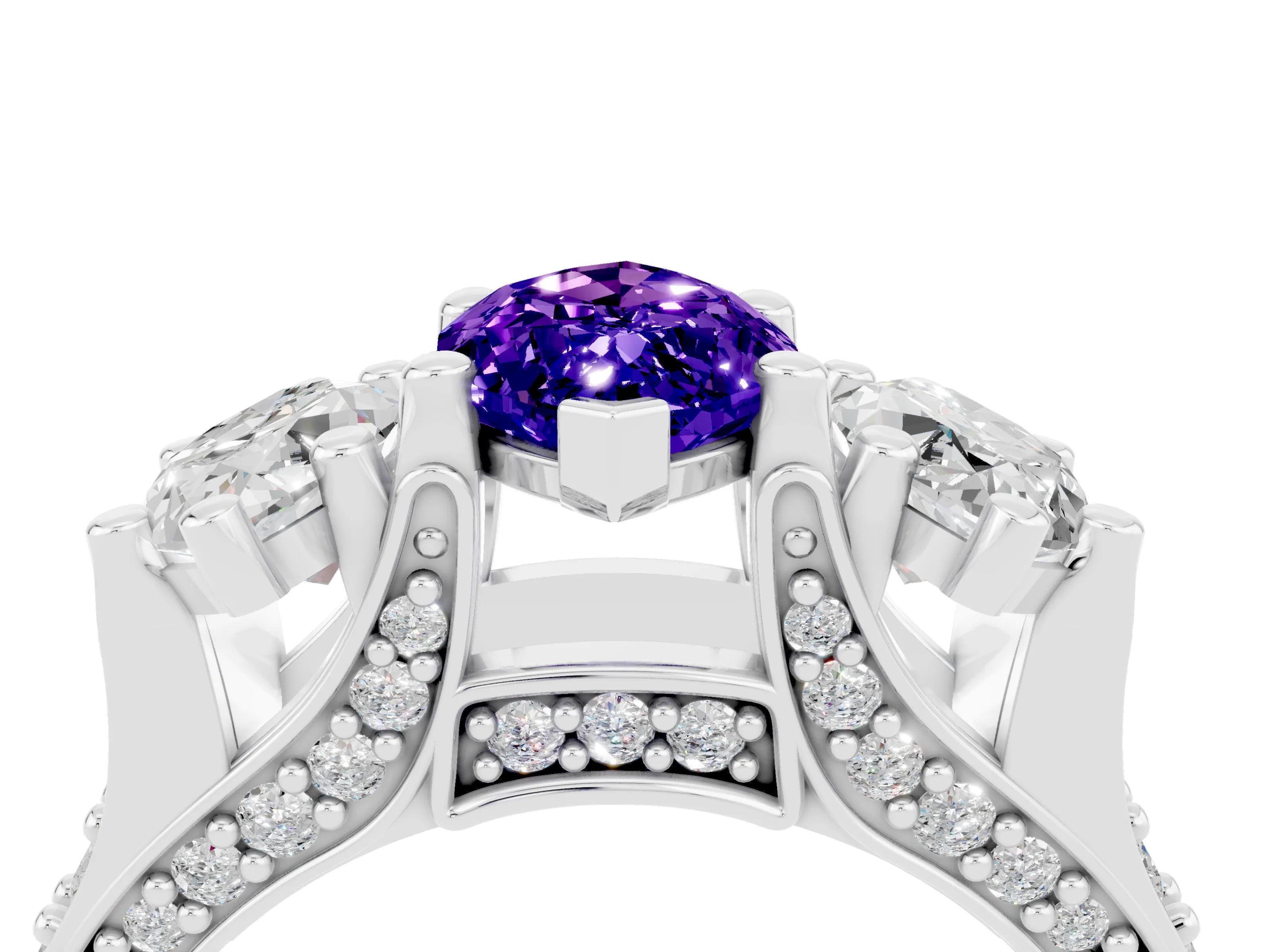 White gold Marquise Cut Tanzanite Three-Stone Ring with Channel Set Band and Four-Prong Setting_4