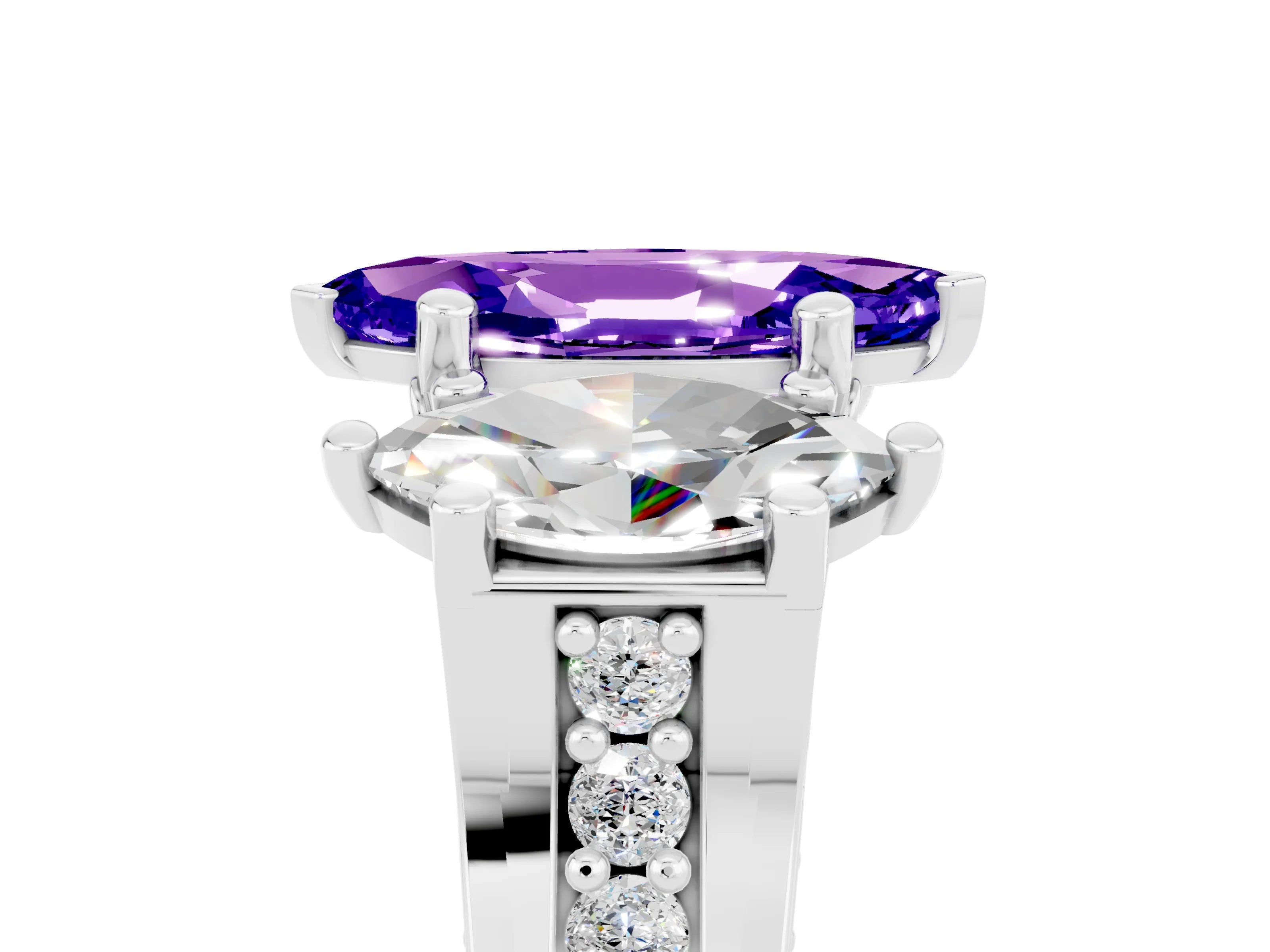 White gold Marquise Cut Tanzanite Three-Stone Ring with Channel Set Band and Four-Prong Setting_5