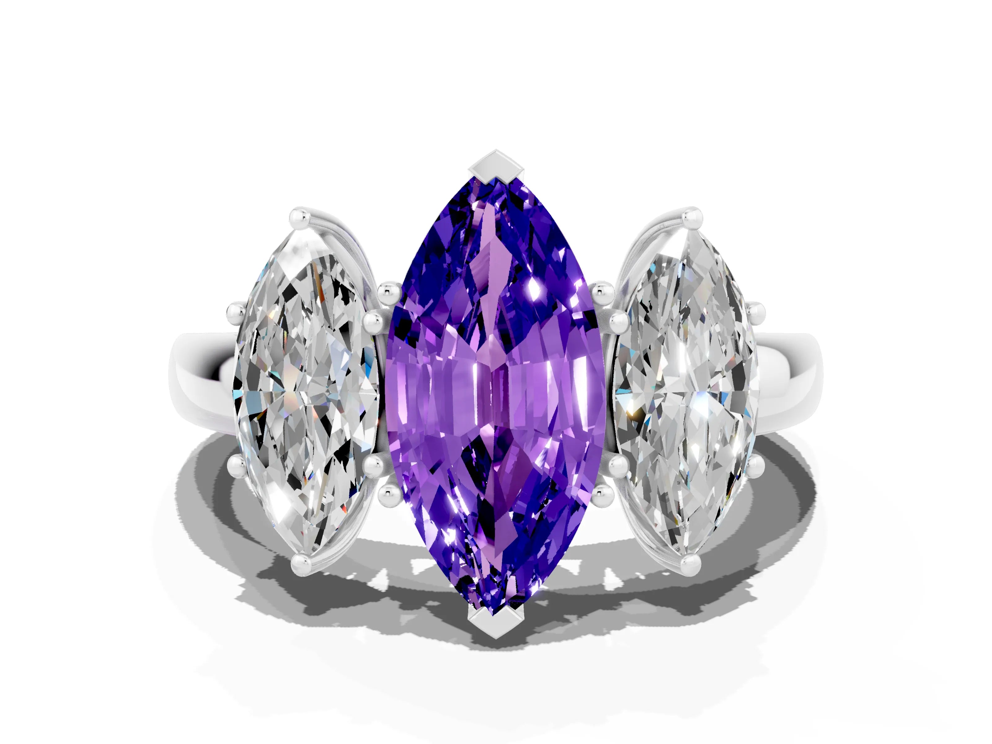 White gold Marquise Cut Tanzanite Three-Stone Ring with Four-Prong Setting and Classic Band
