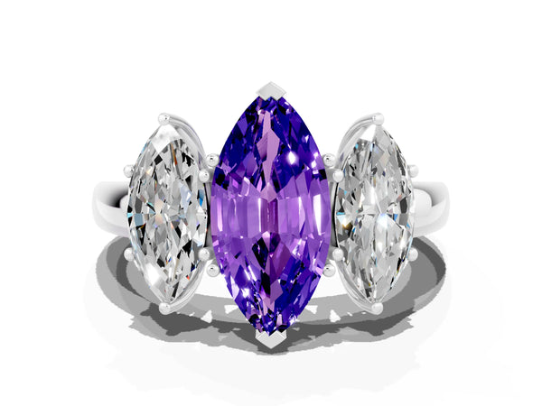 Platinum Marquise Cut Tanzanite Three-Stone Ring with Four-Prong Setting and Classic Band