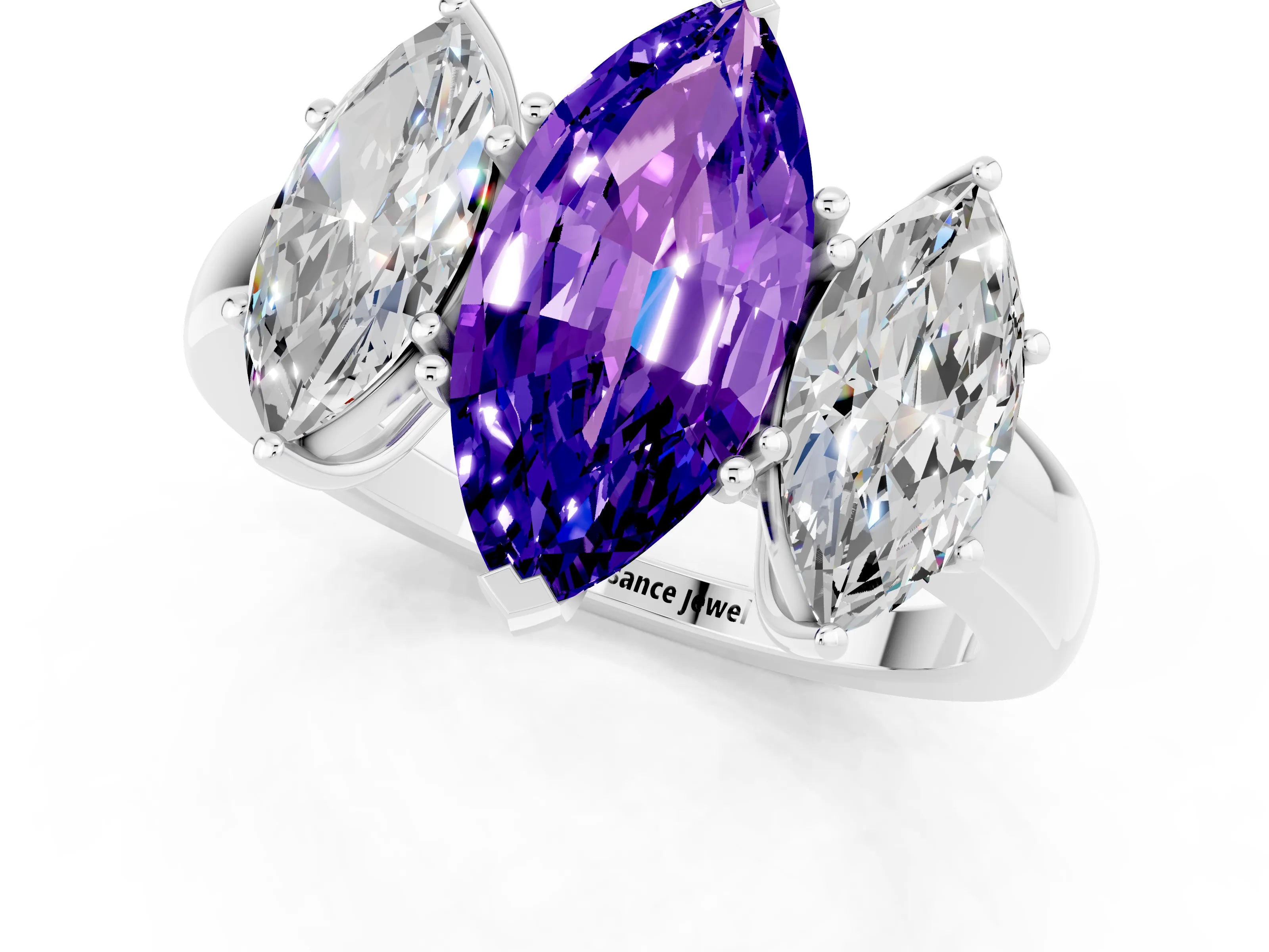 White gold Marquise Cut Tanzanite Three-Stone Ring with Four-Prong Setting and Classic Band_1