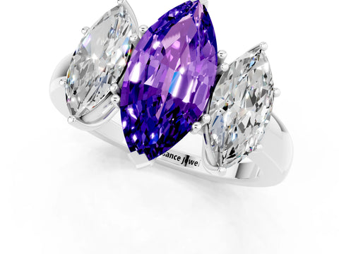 White gold Marquise Cut Tanzanite Three-Stone Ring with Four-Prong Setting and Classic Band_1