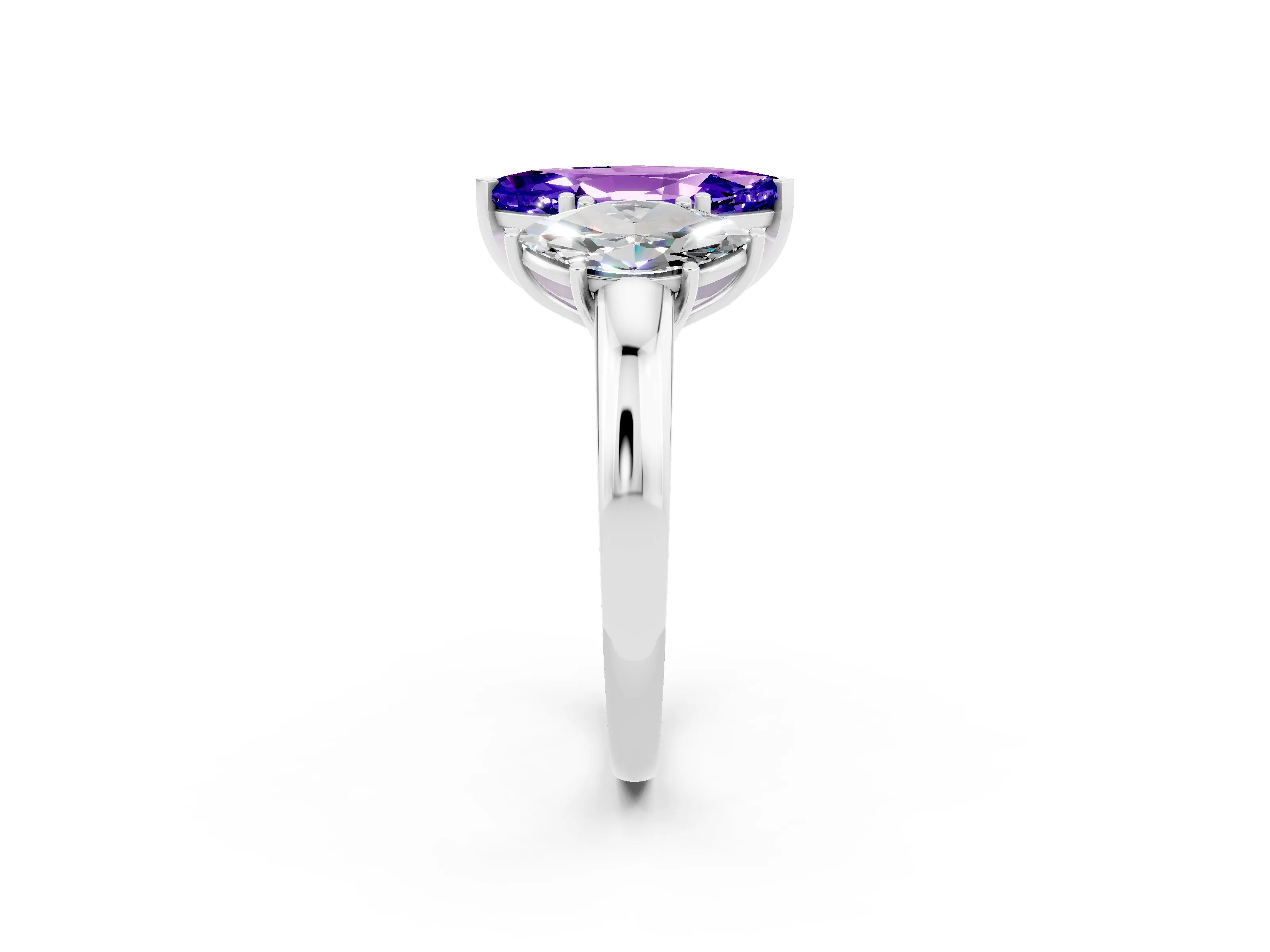 White gold Marquise Cut Tanzanite Three-Stone Ring with Four-Prong Setting and Classic Band_2