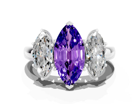 White gold Marquise Cut Tanzanite Three-Stone Ring with Four-Prong Setting and Classic Band