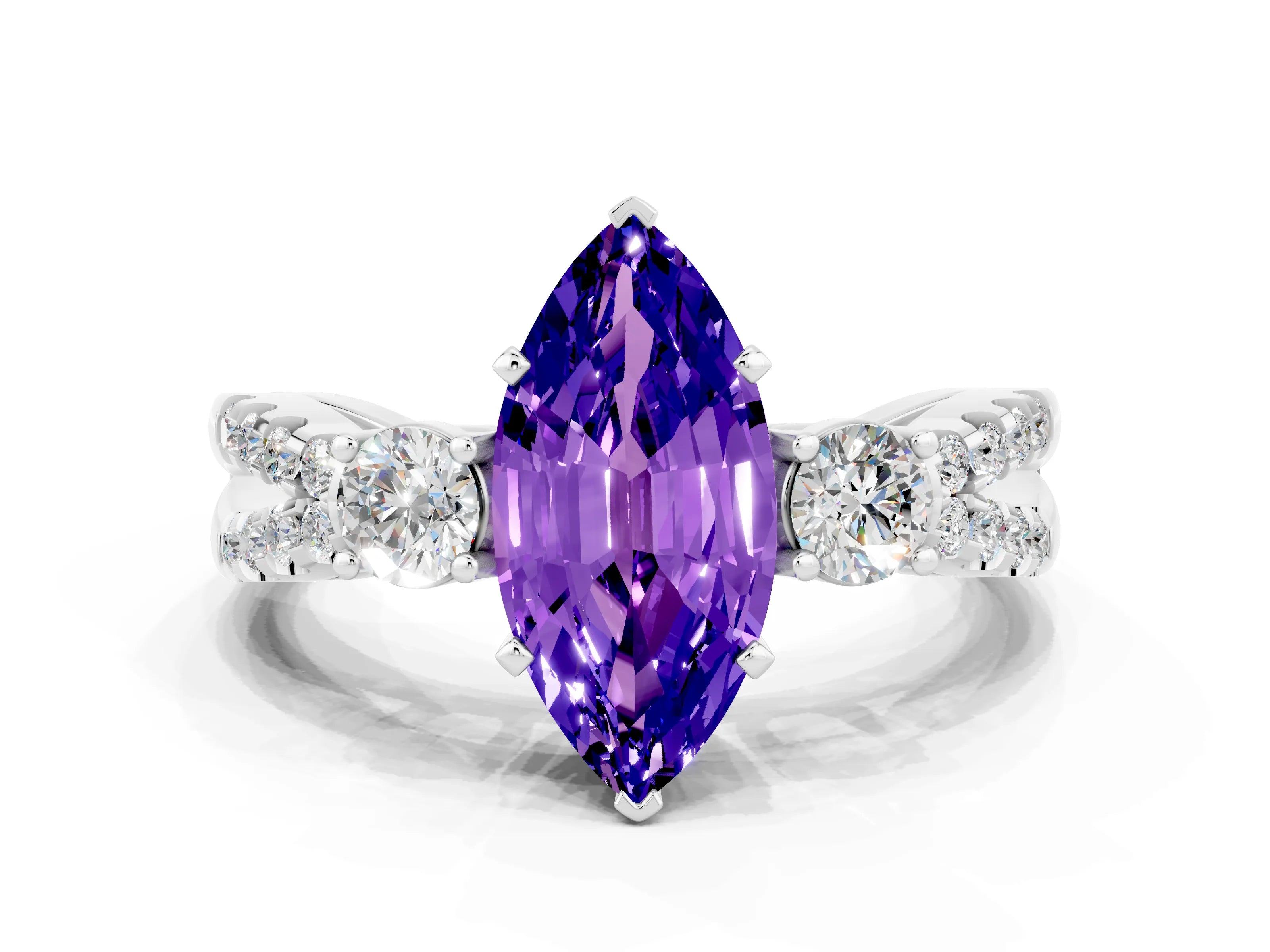 White gold Marquise Cut Tanzanite Three-Stone Ring with Pavé Split Shank and Four-Prong Setting_12