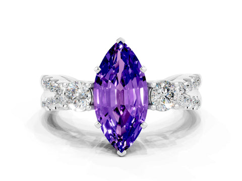 White gold Marquise Cut Tanzanite Three-Stone Ring with Pavé Split Shank and Four-Prong Setting_12