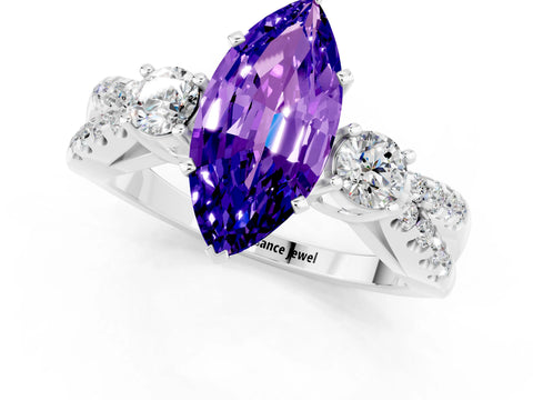 White gold Marquise Cut Tanzanite Three-Stone Ring with Pavé Split Shank and Four-Prong Setting_13