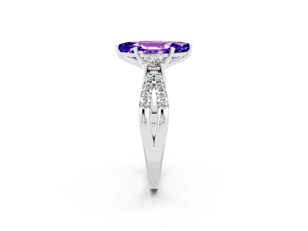 Silver Marquise Cut Tanzanite Three-Stone Ring with Pavé Split Shank and Four-Prong Setting