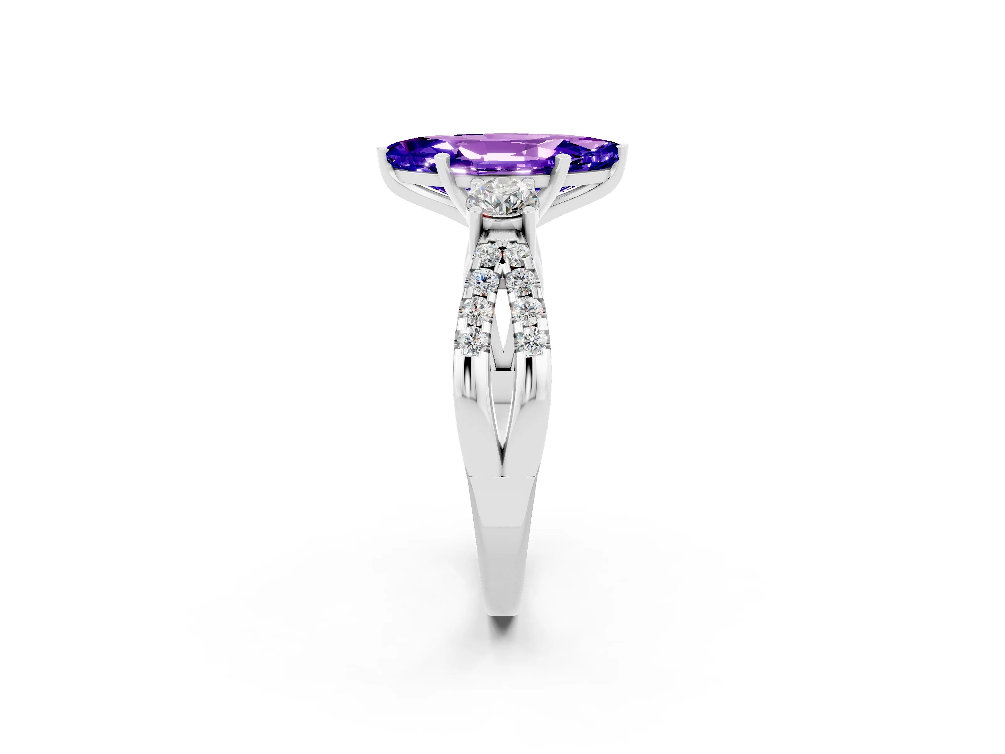 White gold Marquise Cut Tanzanite Three-Stone Ring with Pavé Split Shank and Four-Prong Setting_14