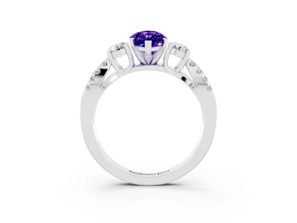 Platinum Marquise Cut Tanzanite Three-Stone Ring with Pavé Split Shank and Four-Prong Setting