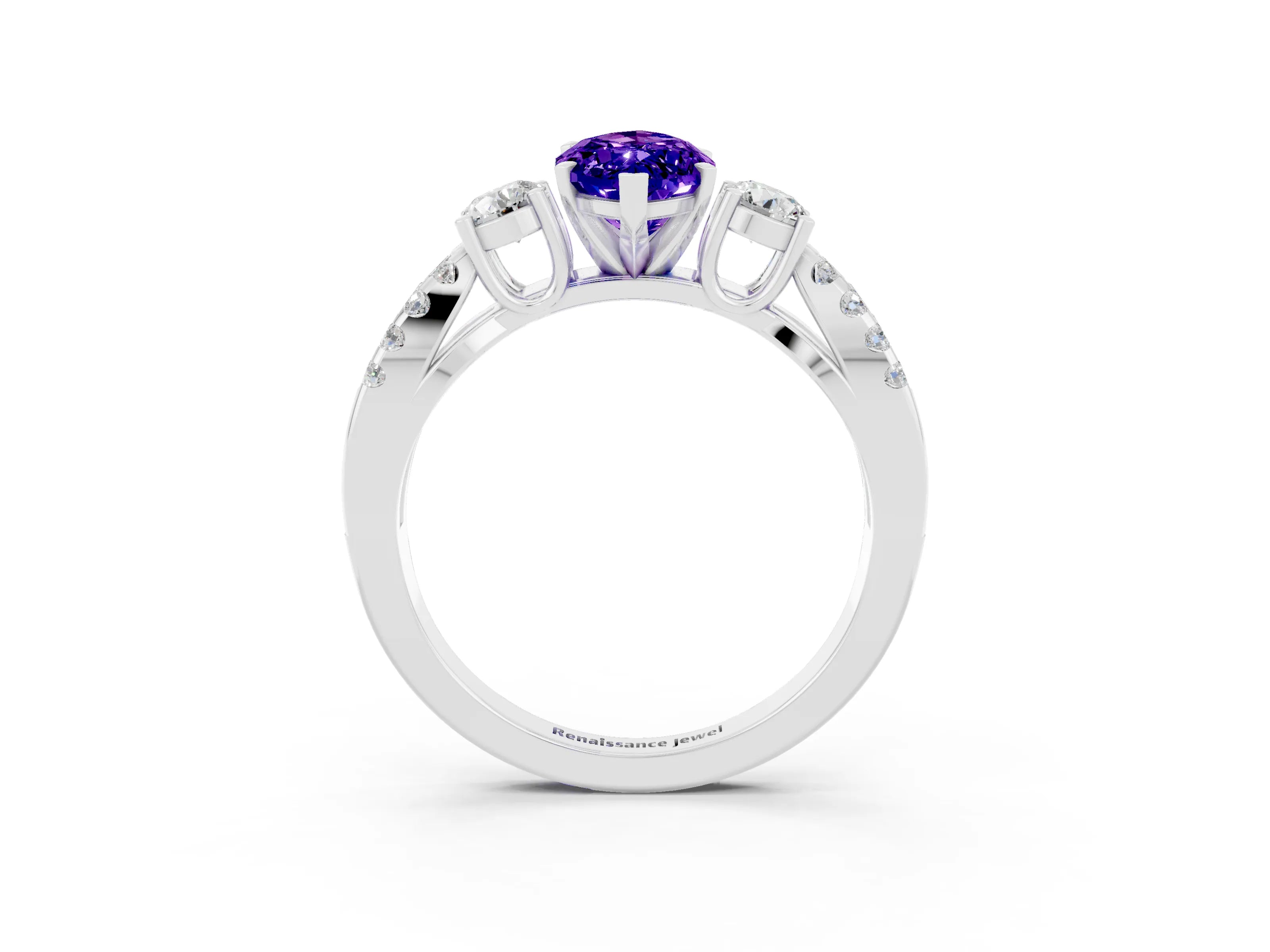 White gold Marquise Cut Tanzanite Three-Stone Ring with Pavé Split Shank and Four-Prong Setting_15