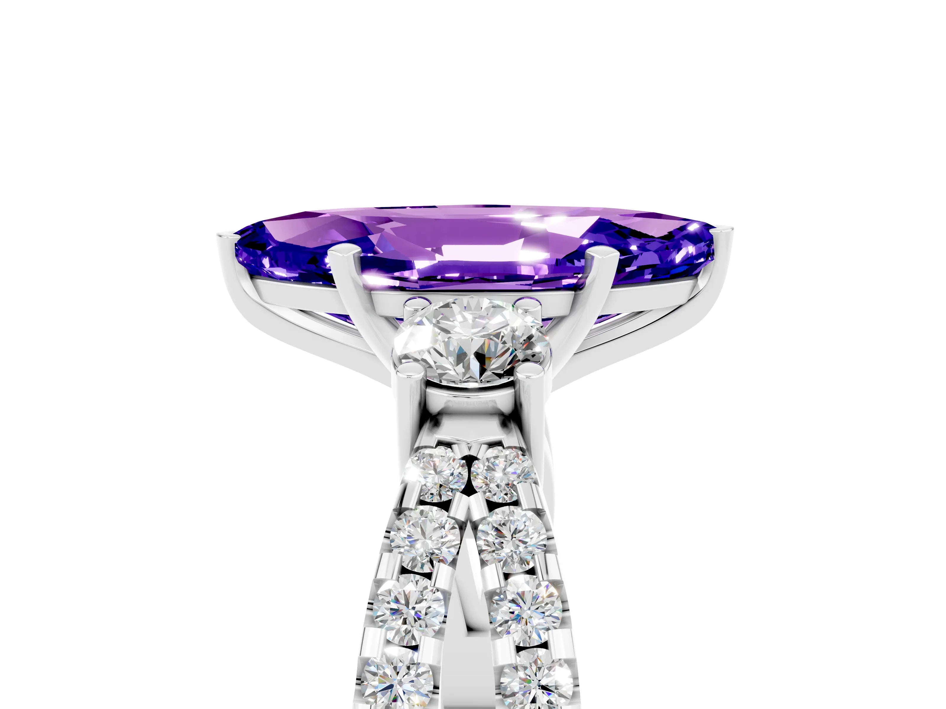 White gold Marquise Cut Tanzanite Three-Stone Ring with Pavé Split Shank and Four-Prong Setting_17