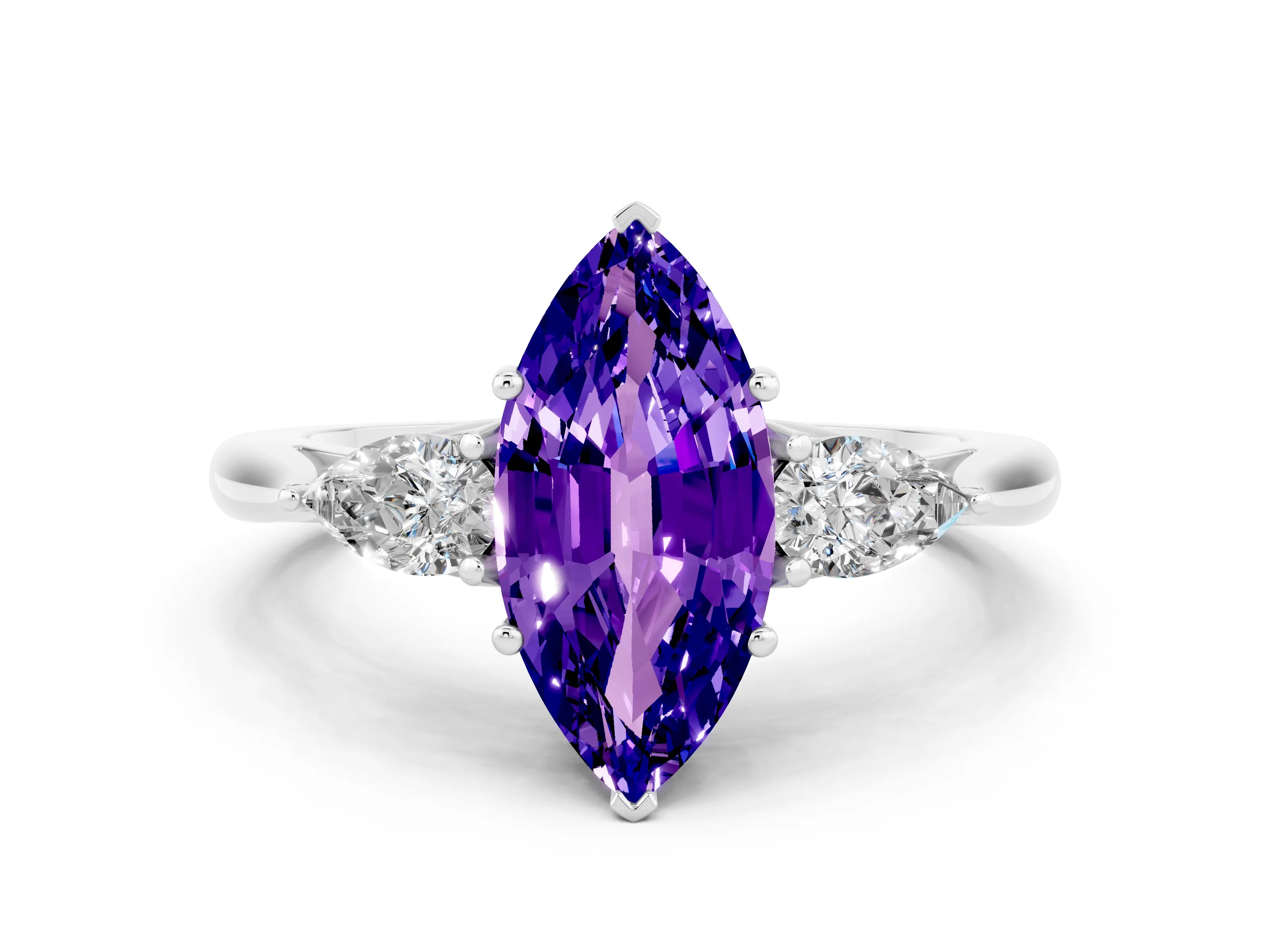 White gold Marquise Cut Tanzanite Three-Stone Ring with Pear Side Stones and Four-Prong Setting_12