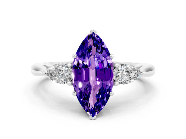 Platinum Marquise Cut Tanzanite Three-Stone Ring with Pear  Side Stones and Prong Setting