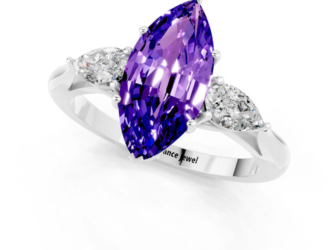 White gold Marquise Cut Tanzanite Three-Stone Ring with Pear Side Stones and Four-Prong Setting_13