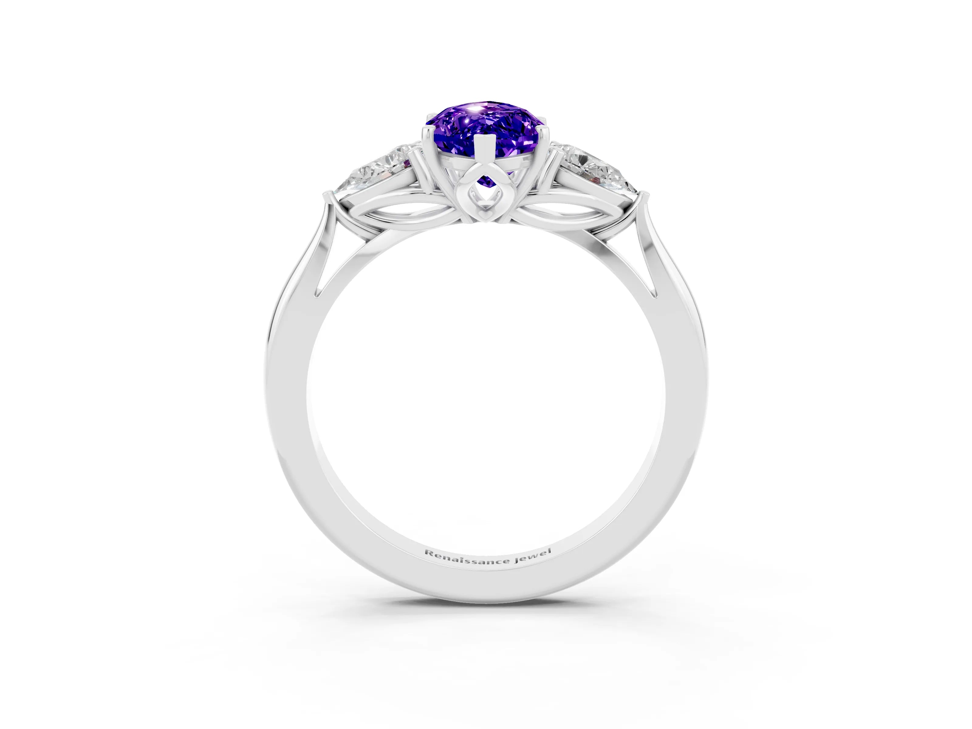 White gold Marquise Cut Tanzanite Three-Stone Ring with Pear Side Stones and Four-Prong Setting_15