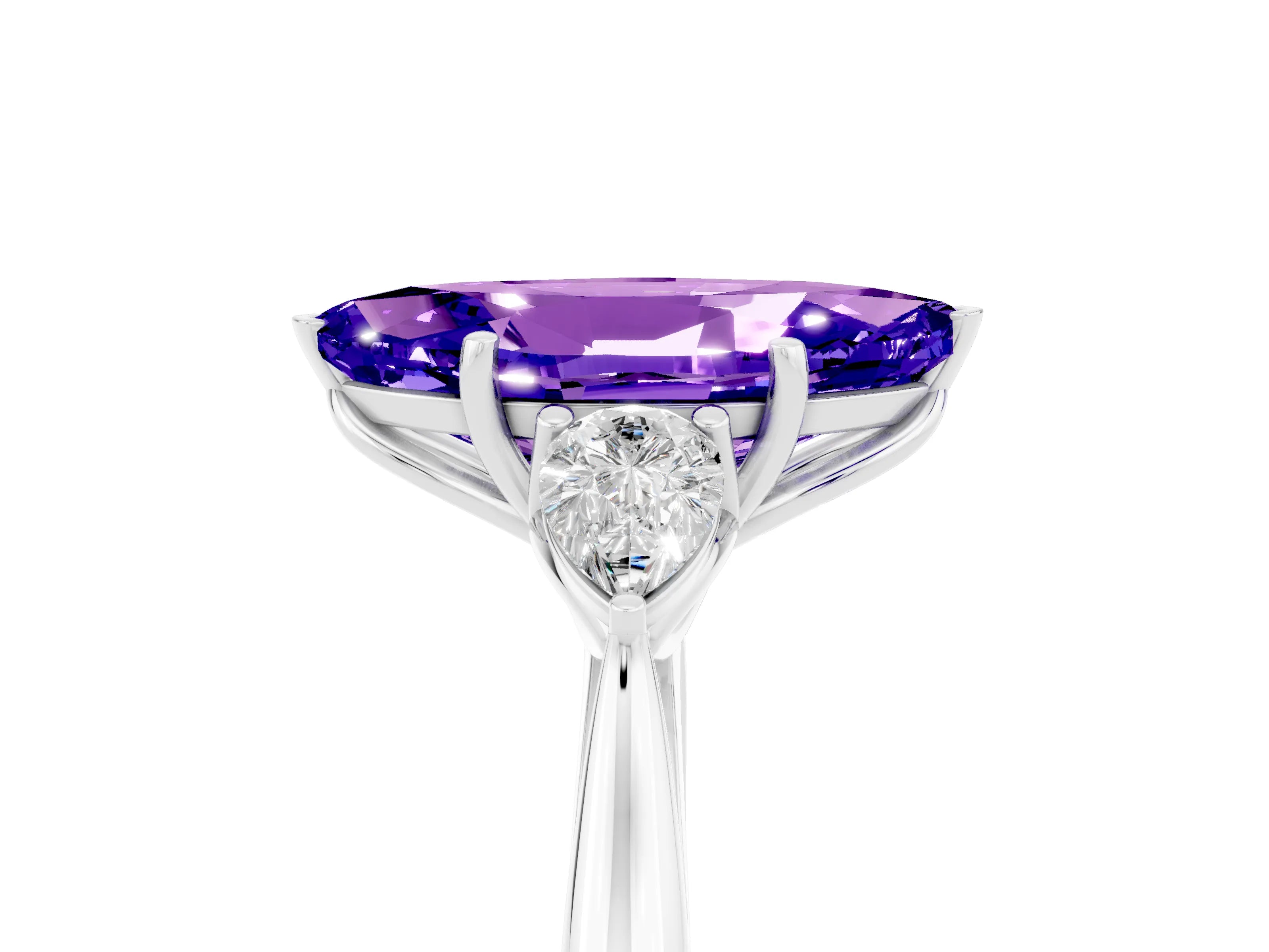 White gold Marquise Cut Tanzanite Three-Stone Ring with Pear Side Stones and Four-Prong Setting_17