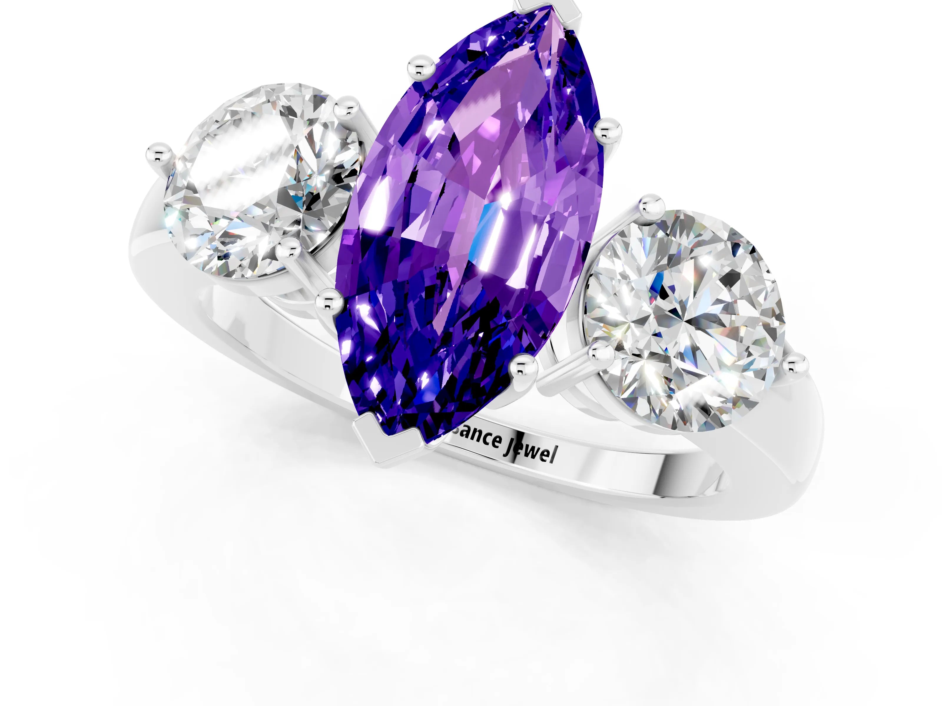 White gold Marquise Cut Tanzanite Three-Stone Ring with Prong Setting and Classic Band_1