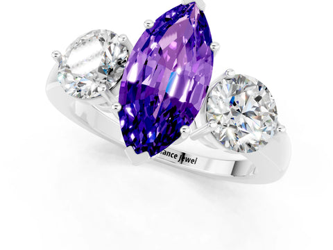 White gold Marquise Cut Tanzanite Three-Stone Ring with Prong Setting and Classic Band_1