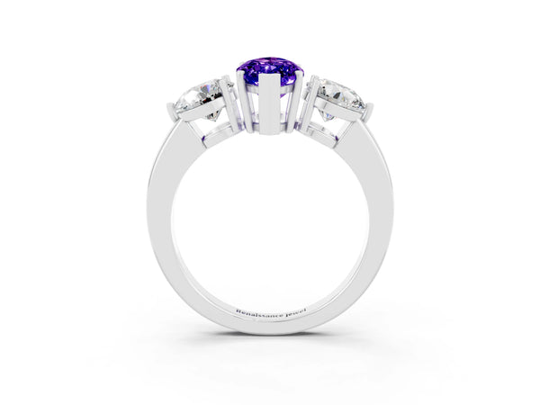 Silver Marquise Cut Tanzanite Three-Stone Ring with Prong Setting and Classic Band