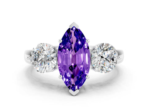 White gold Marquise Cut Tanzanite Three-Stone Ring with Prong Setting and Classic Band