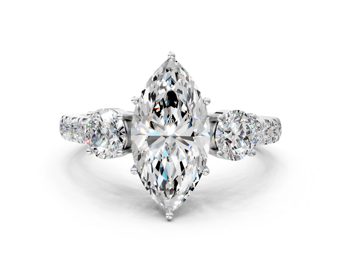 White gold Marquise Cut Three-Stone Diamond Pave Band with Prong Setting_106
