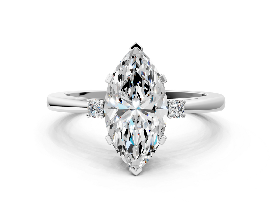 White gold Marquise Cut Three-Stone Solitaire Ring with Round Accent Diamonds and Four-Prong Setting_50