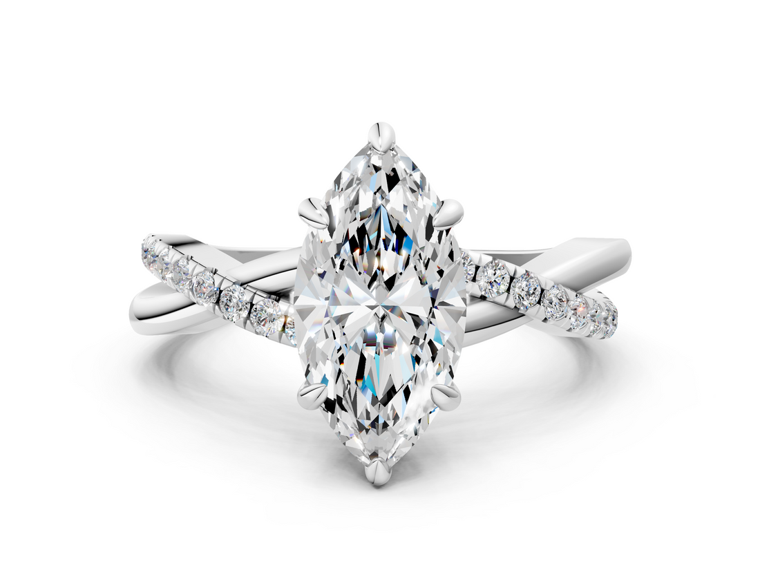 White gold Marquise Cut Twist Band Solitaire Diamond Ring with Pavé Setting_38