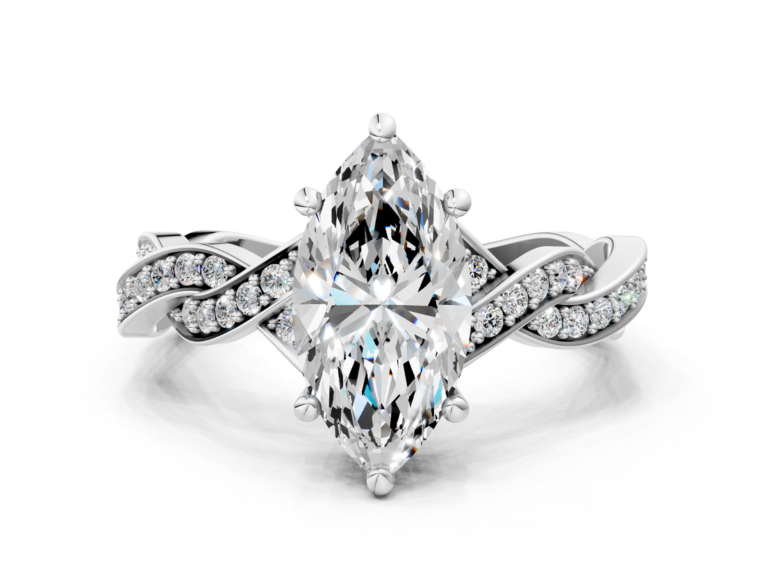 White gold Marquise Cut Twisted Pavé Band Solitaire Ring with Four-Prong Setting_135