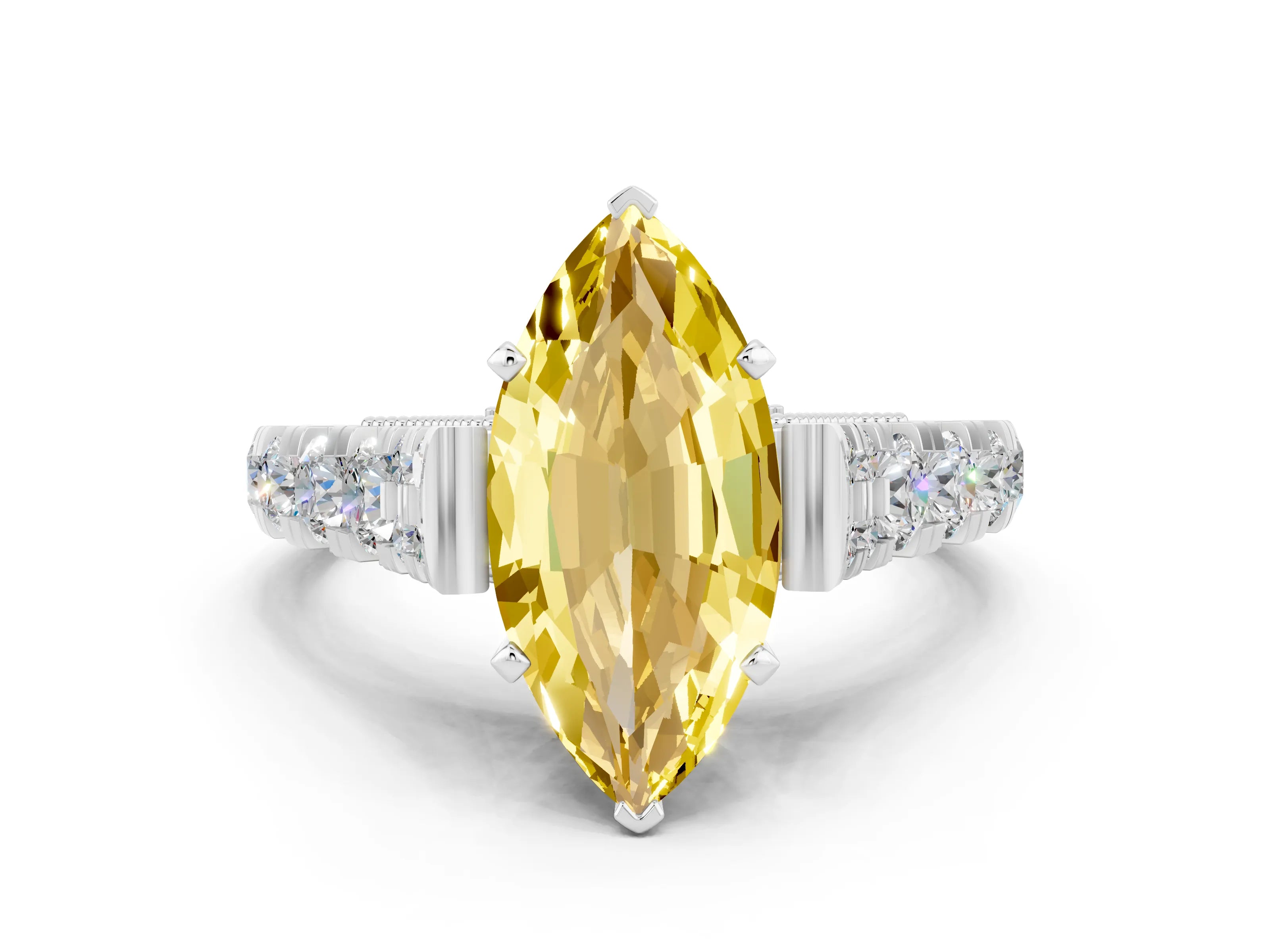 White gold Marquise Cut Yellow Sapphire Classic Solitaire Ring with Pavé Band and Four-Prong Setting_12
