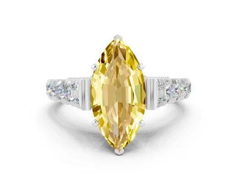White gold Marquise Cut Yellow Sapphire Classic Solitaire Ring with Pavé Band and Four-Prong Setting_12