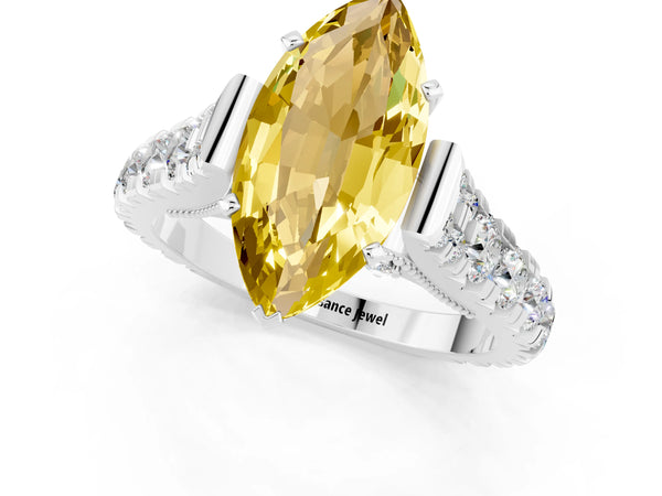 White gold Marquise Cut Yellow Sapphire Classic Solitaire Ring with Pavé Band and Four-Prong Setting