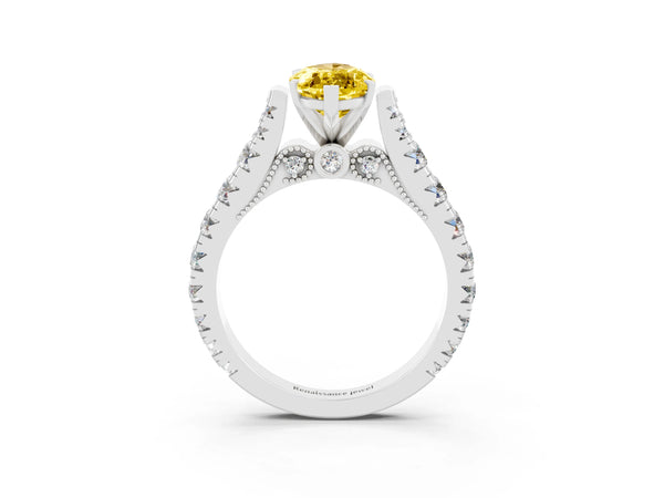 Silver Marquise Cut Yellow Sapphire Classic Solitaire Ring with Pavé Band and Four-Prong Setting