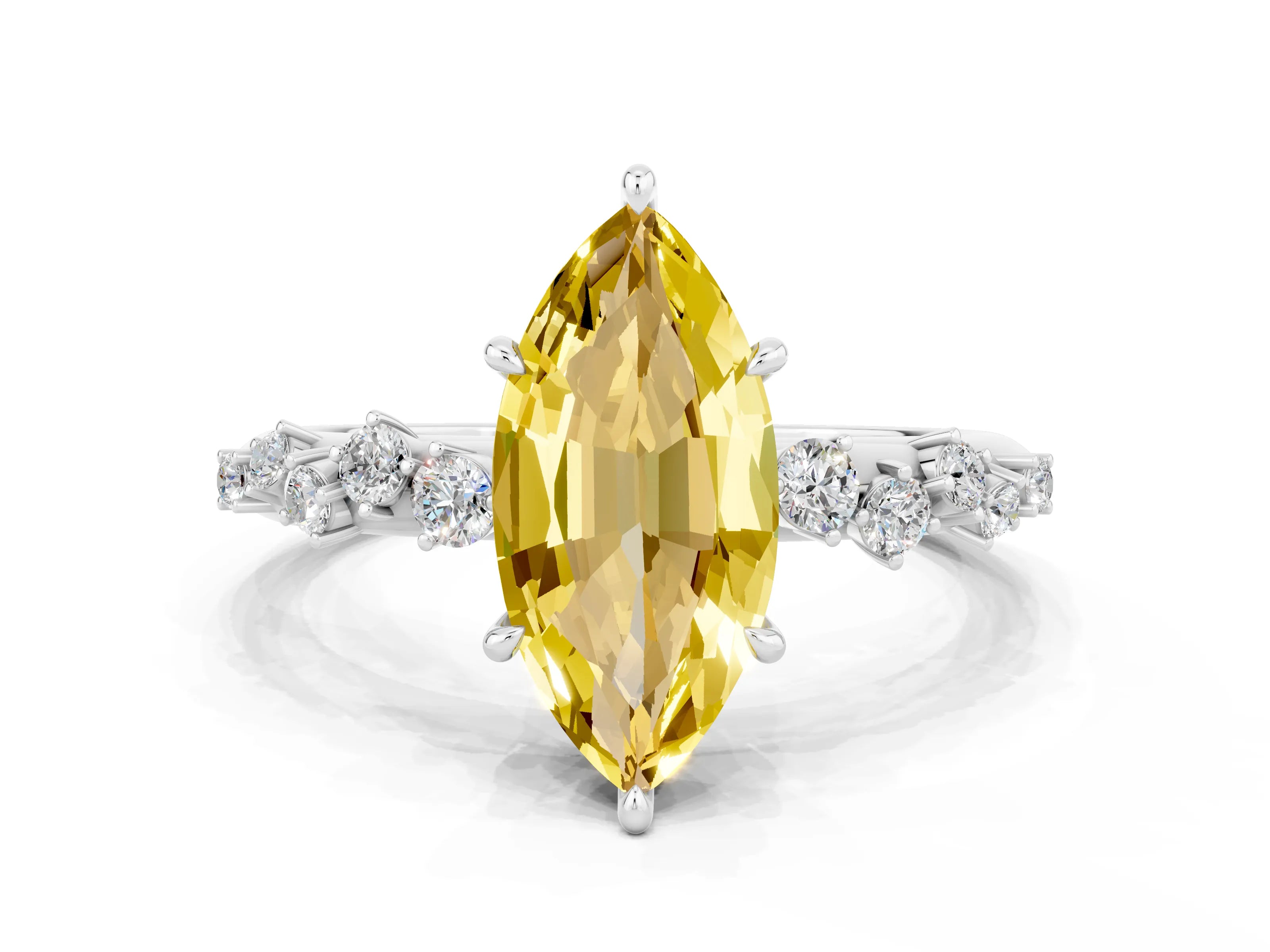White gold Marquise Cut Yellow Sapphire Cluster Side Stone Solitaire Ring with Prong Setting_48