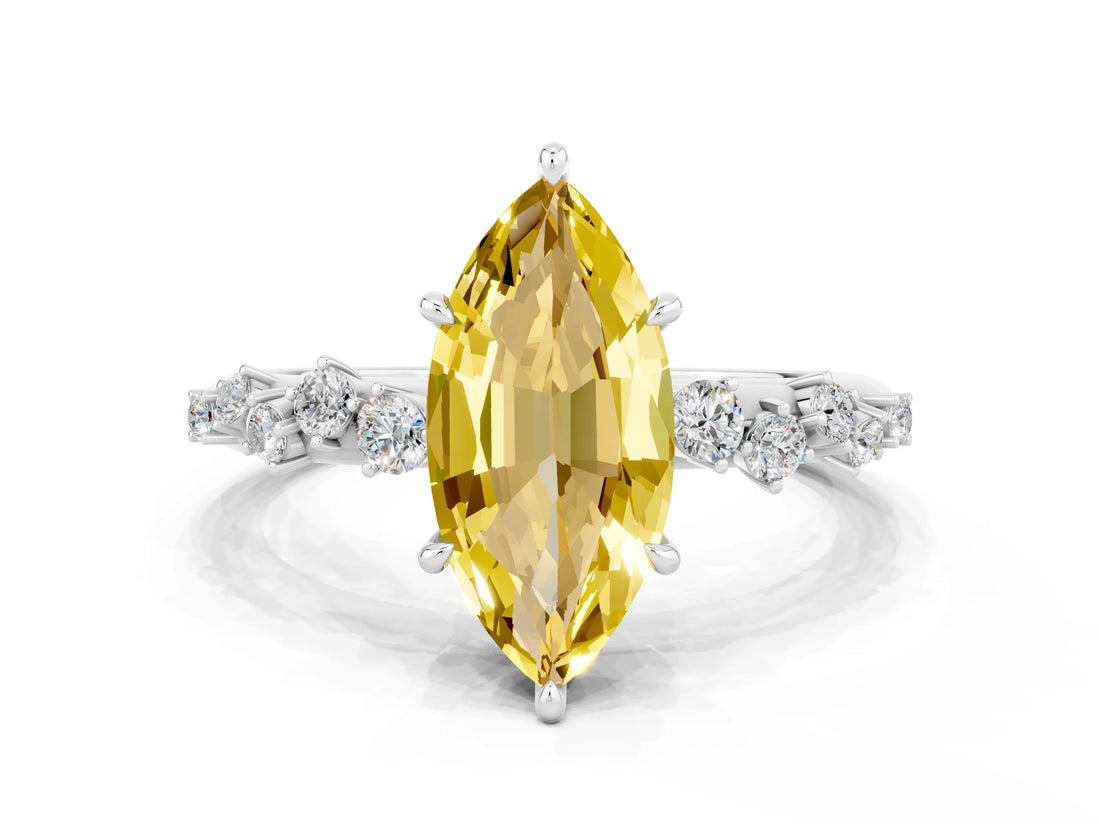 White gold Marquise Cut Yellow Sapphire Cluster Side Stone Solitaire Ring with Prong Setting_48